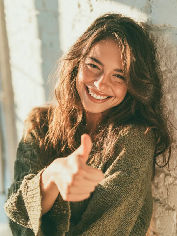 Joyful American woman giving a thumbs up, representing a confident Fora Financial application