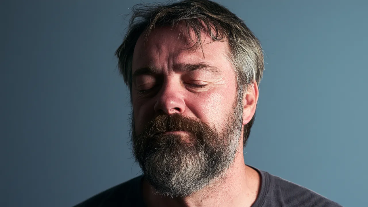 Middle-aged American man exhaling with relief, representing emergency loan guidance from this resource