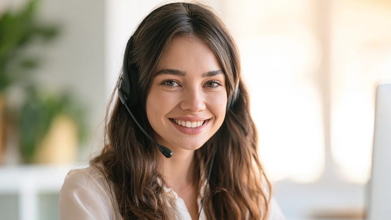 Warm American support specialist with a headset, representing helpful Fora Financial answers